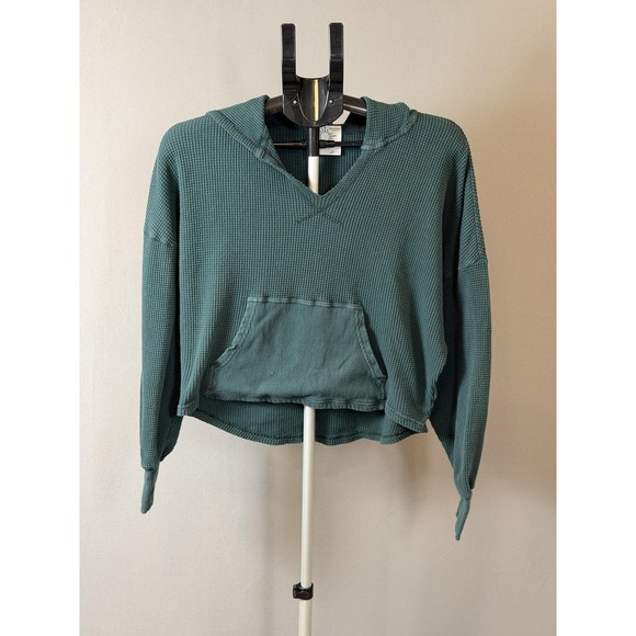 aerie Tops - Offline By Aerie Hoodie Womens Small‎ Green Waffle Knit Cropped Kangaroo Pocket